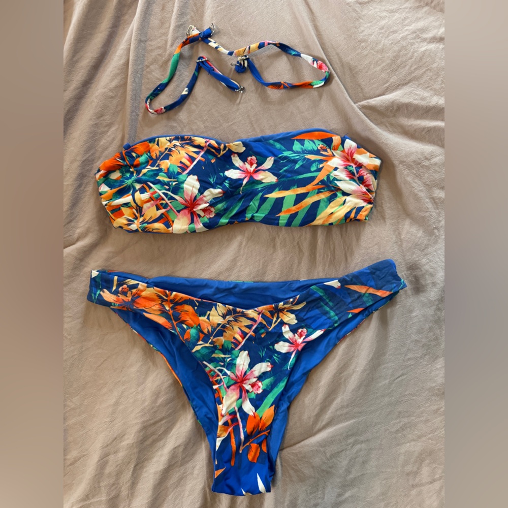 TiniBikini Blue Floral Bikini Set Reversible Strapless Small